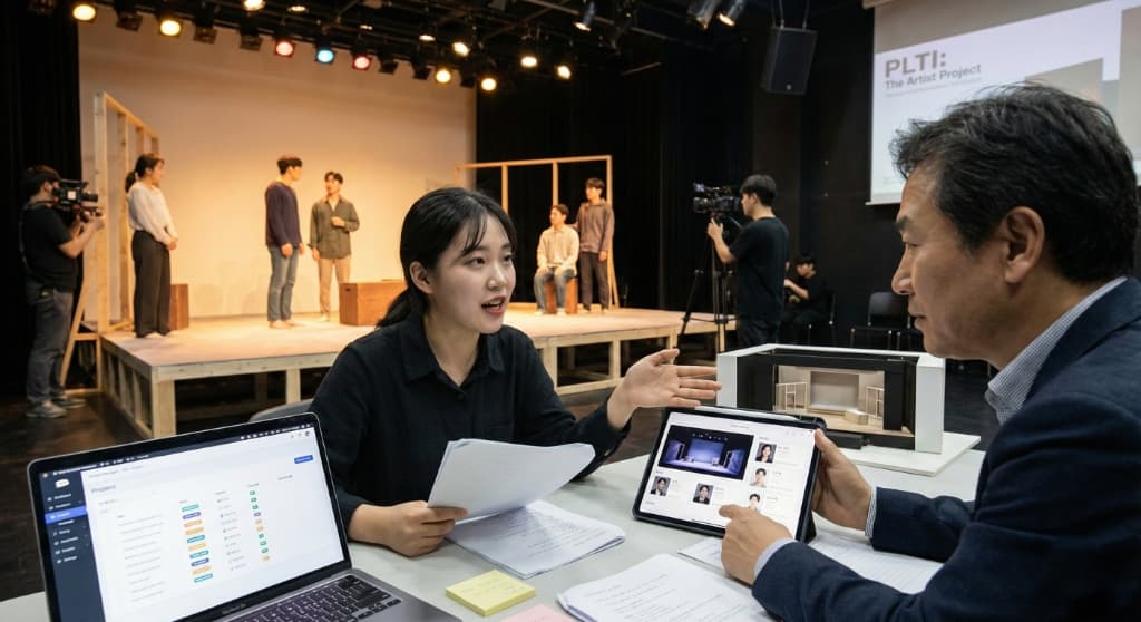 무대 리허설을 보며 작품을 논의하는 작가와 멘토